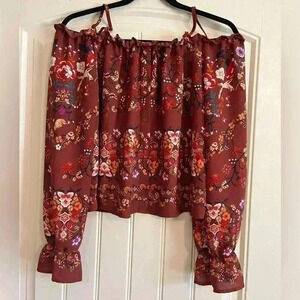 RUE 21 COLD SHOULDER BLOUSE RED TOP FLORAL SHIRT Work medium CROPPED boho
